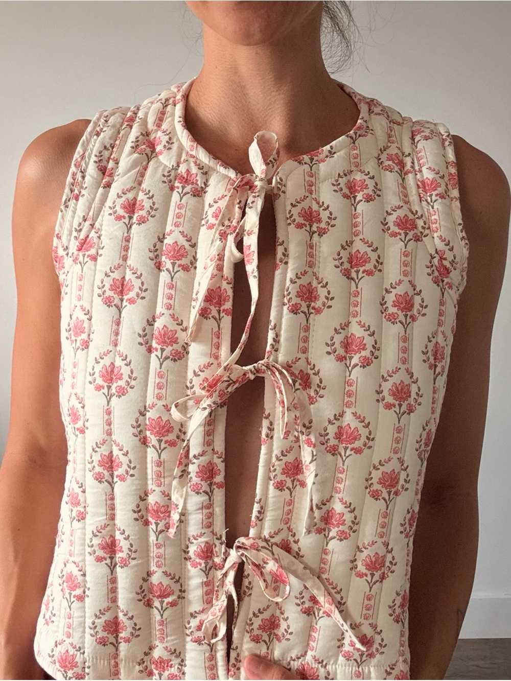 Japna Cream Quilted Tank Top Tie Vest with Pink Floral Print